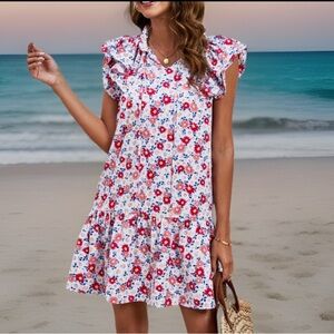 Tied Floral Ruffle Cap Sleeves Deep V-Neck Laces W/Gold Balls & Pockets Dress
